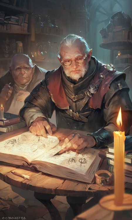 score_9, score_8_up, score_7_up, BREAK, gwentstyle, an old man sitting at a table with a candle, writing a book, (dark fantasy:1.2), soft light, <lora:GwentStyle_v2:0.85>