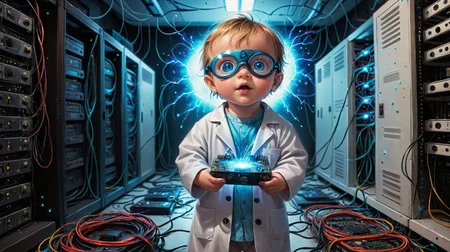 surprised small baby wearing googles and lab coat,holding huge circuit board,inside servers room,wires,cables,broken servers,electric blue sparks,electricity,(((dynamic position, dynamic camera))),<lora:vibrant_dream:0.8>,vibrant dream,pale reality,(STYLE(Fine_Art_Photography)),(Deep_Cartoon_Shaders),(Unreal_Engine_5_Shaders),(COLORS(Derwent_Pallets(All))(Enriched)(Enhanced)(Vivid)(Vibrant)),(LIGHTING(Warm_Inner_Bloom)(Cool_Edge_Glow)(Fine_Art_Filters)),<lora:FaeTastic:0.8>,<lora:extremely_detailed:0.8>,extremely detailed,<lora:Flux-style-xl-lora:0.2>,flux-style,