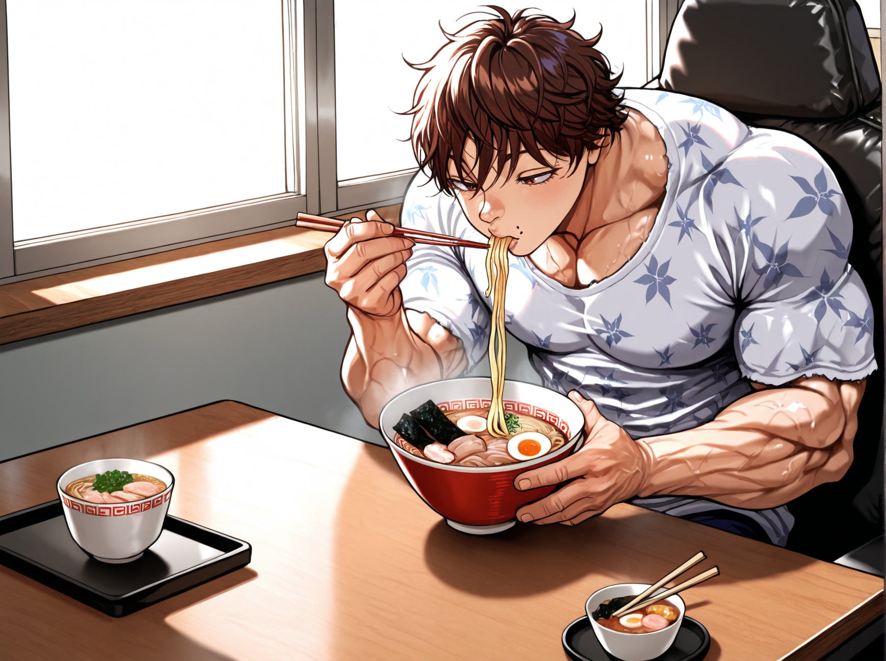 masterpiece, best quality, amazing quality, absurd res, 
 <lora:Baki_Hanma_Baki_for_Illustrious:1> 1boy, b4ki_h4nma, mole, muscular
pattern shirt, sitting, resturant, table, eating, ramen, holding chopsticks, narutomaki, window,