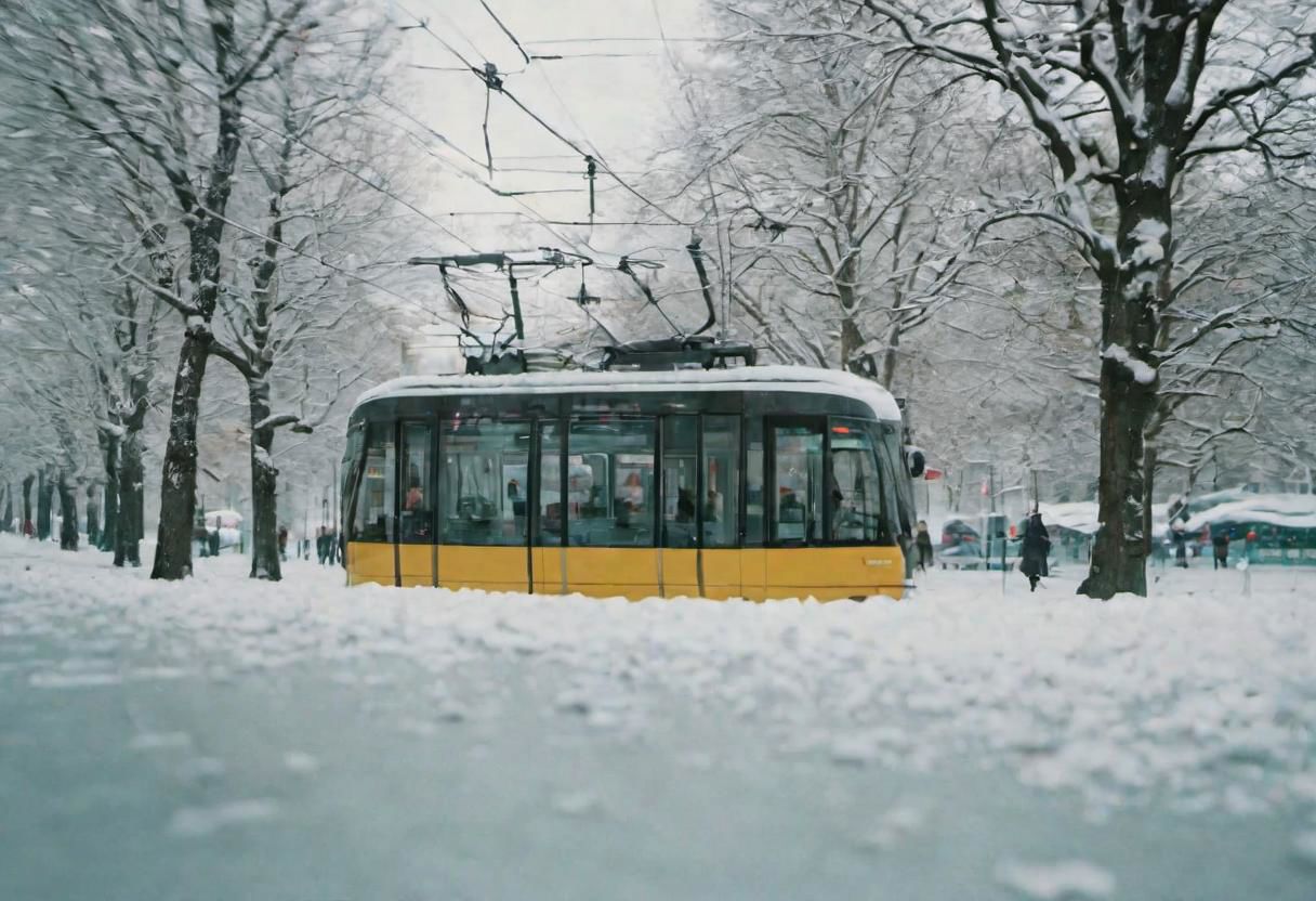 (Bokeh:1.1), kodak photo 38 mm, breath-taking film photography, movie effects, film grain, epic, masterpiece, best of the best, 4k uhd, intricate details, muted colors, wide shot of the modern tram passing by Vienna in winter, snowy, pines, gigantic frozen lake surrounding the whole frame, minimalistic, shallow depth of image, crisp, clear, haze lighting, muted colors, cloudy