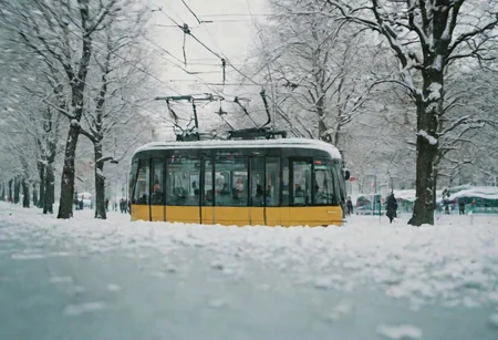(Bokeh:1.1), kodak photo 38 mm, breath-taking film photography, movie effects, film grain, epic, masterpiece, best of the best, 4k uhd, intricate details, muted colors, wide shot of the modern tram passing by Vienna in winter, snowy, pines, gigantic frozen lake surrounding the whole frame, minimalistic, shallow depth of image, crisp, clear, haze lighting, muted colors, cloudy