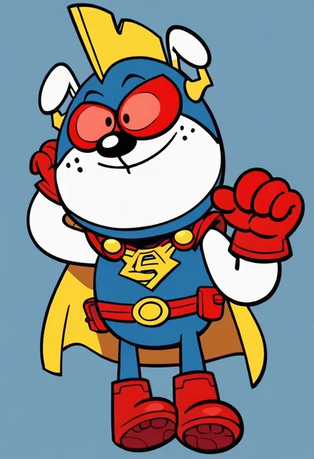 (score_9 | score_8_up | score_7_up) ((masterpiece:1))(best quality,very high quality,ultra detailed:1.2) (2D,cartoon style,anime style)(Smooth:2)(clean blurring) (four fingers on each hand,one thumb on each hand:1), solo, charles, dog, paws, black spot on left eye, white, happy, red blue and yellow super hero costume, blue super hero costume, super hero, red goggles, two side winged headpiece, yellow cape, thick red boots, red glove, 'A' Logo in the middle,