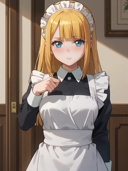 score_9, score_8_up, score_7_up, score_6_up, score_5_up, score_4_up, source_anime,,cinematic shadow, character focus, detailed skins, perfect curvy medium breasts,(cowboy shot:1.4),body blush,<lora:StS_PonyXL_Detail_Slider_v1.4_iteration_3:4>, <lora:Tuareninya_Veyron__Overlord_:1>,tuareninya,long blonde hair,straight hair,bangs,blunt bangs,blue eyes,tuareninyamaid,maid,maid headdress,frilled white maid apron,frills,black long sleeves dresss,standing, expressionless, sey pose