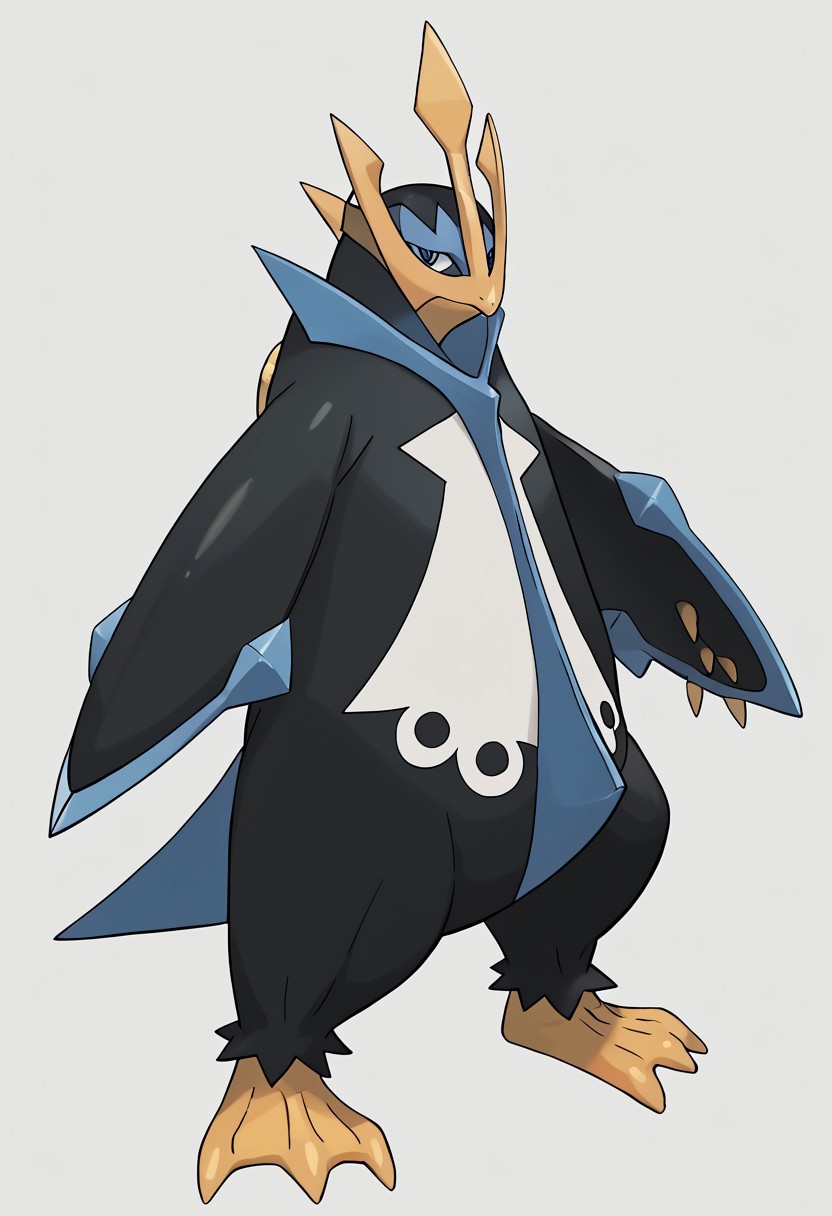 (score_9, score_8, score_7), masterwork, masterpiece, best quality, emperor01, large penguin, dark navy blue body with light blue accents, sharp yellow beak, golden trident-shaped crest on head, wide flipper-like arms with blue blade edges, white chest with six black circular markings in two rows, yellow webbed feet with claws, short pointed tail,PokeStyleMix
