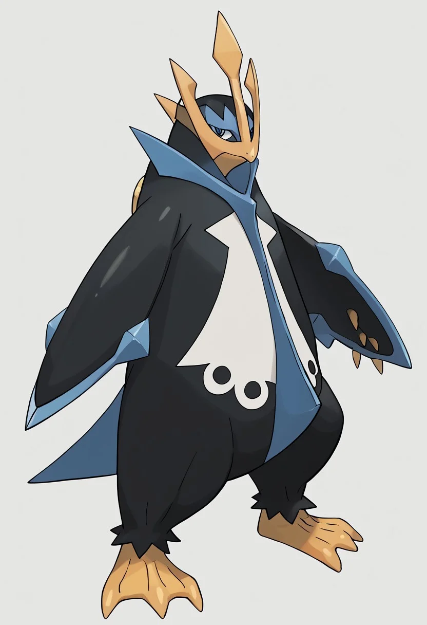 (score_9, score_8, score_7), masterwork, masterpiece, best quality, emperor01, large penguin, dark navy blue body with light blue accents, sharp yellow beak, golden trident-shaped crest on head, wide flipper-like arms with blue blade edges, white chest with six black circular markings in two rows, yellow webbed feet with claws, short pointed tail,PokeStyleMix