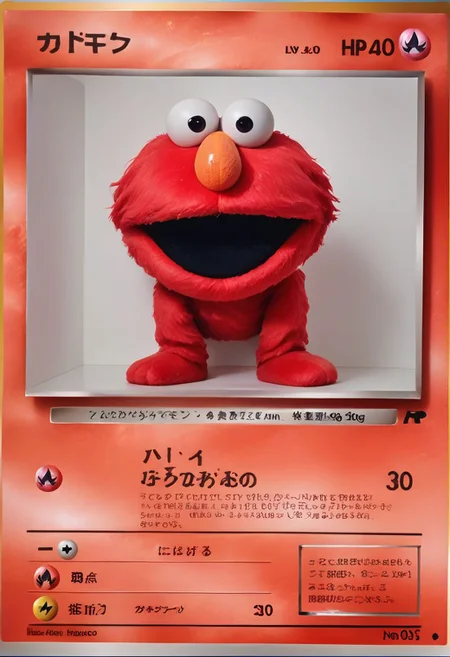 (fire), detailed, pkmn, score_9, score_8_up, score_7_up, photo, absurdres, textbox, pkmkard, Elmo, red fur, muppet eyes, orange nose, smile, open mouth