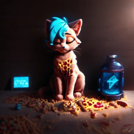 candy kitty, top down full body view, neon blue glow, ((cute adorable and fluffy cat sleeping ontop of a pizza what rests ontop of a pizza box)), futuristic robot cat, fluffy wild kitty cat, NightScapes, pizza, neko, cat, feline, cheese strings, juicy, perfectly baked pizza, juicy pepperony pizza, cozy atmosphere, creative light overlay, 4k, masterpiece, (masterpiece), best quality, (4K), (cinematic lighting), highly detailed, 8K, UHD, ultra detailed, immersive picture, vivid colors, volumetric light, cinematic light, extremely detailed CG, clutter, thrash, cluttered shed, boxes labeled 'stuff', tangled cables, tools, batteries, charger, 18650 randomness, various objects, wall painting, low key, spot lighting, BREAK glass jars, liquid, glass, glass bottle, red liquid, backlit, sleeping neko cat,