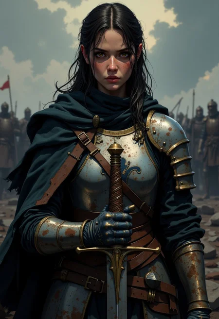 DGC style of A female warrior from the medieval era, inspired by Joan of Arc, standing amidst a grim battlefield. She wears traditional 15th-century plate armor, dented and scarred from battle, with a weathered tabard bearing a faded fleur-de-lis emblem. Her face is smeared with dirt and exhaustion, yet her eyes burn with determination. Her hands tightly grip a Gothic-style longsword, its blade reflecting the faint, cold light. The armor and the hands covered in mud and scratches, glistens faintly in the dim light of a cloudy, smoke-filled sky. The background reveals a dark, desolate battlefield, strewn with broken weapons and faint silhouettes of soldiers in the distance. Soft, diffused lighting adds a somber tone, emphasizing the harshness of the scene. Digital painting, highly detailed, cinematic lighting, medieval realism, sharp focus on the face ,hands, sword, and gritty textures.