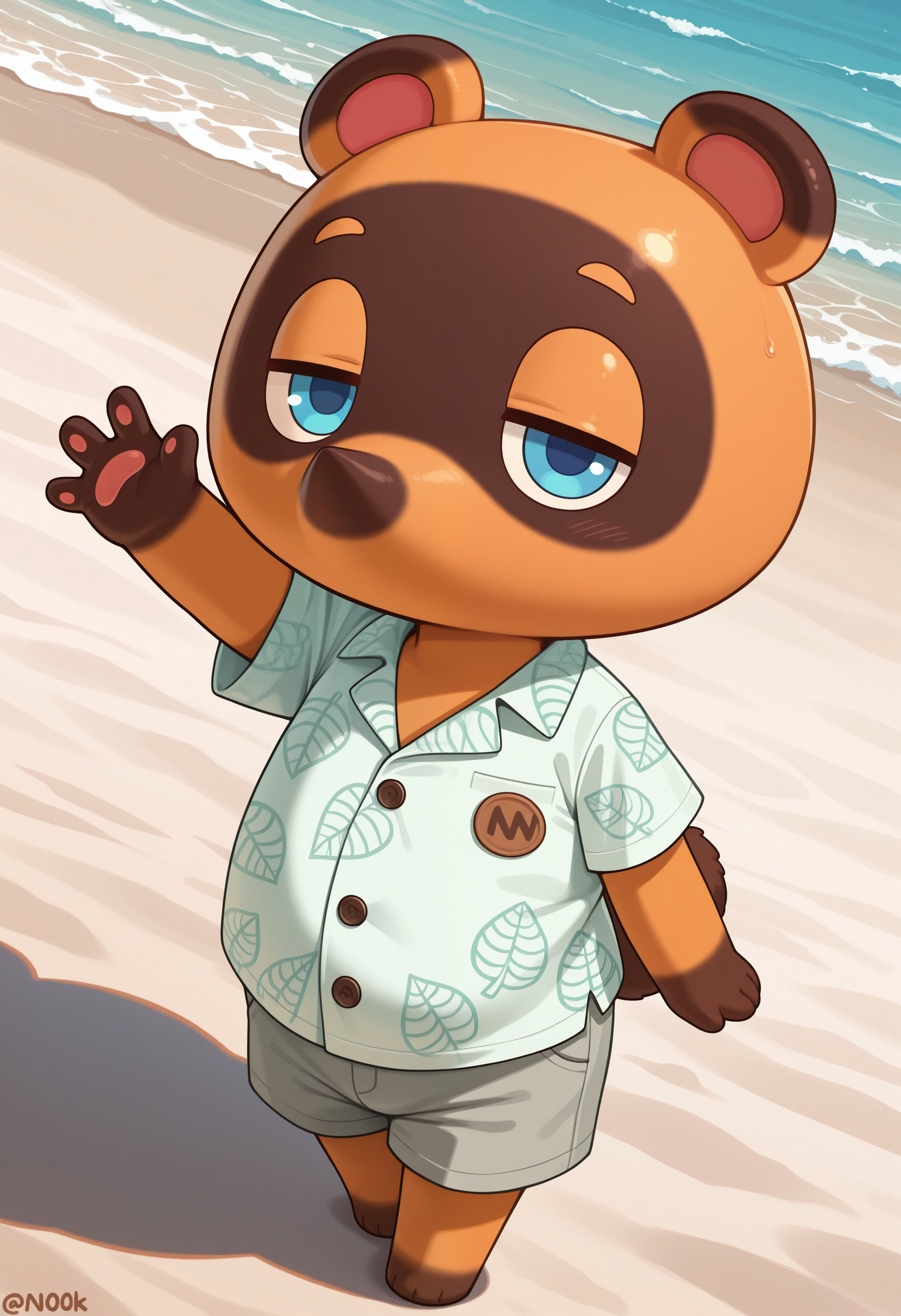 masterpiece,best quality,amazing quality,solo, 1boy, solo, n00k, chibi, leaf-print collared shirt, grey shorts, waving, half-closed eyes, blue eyes, beach,