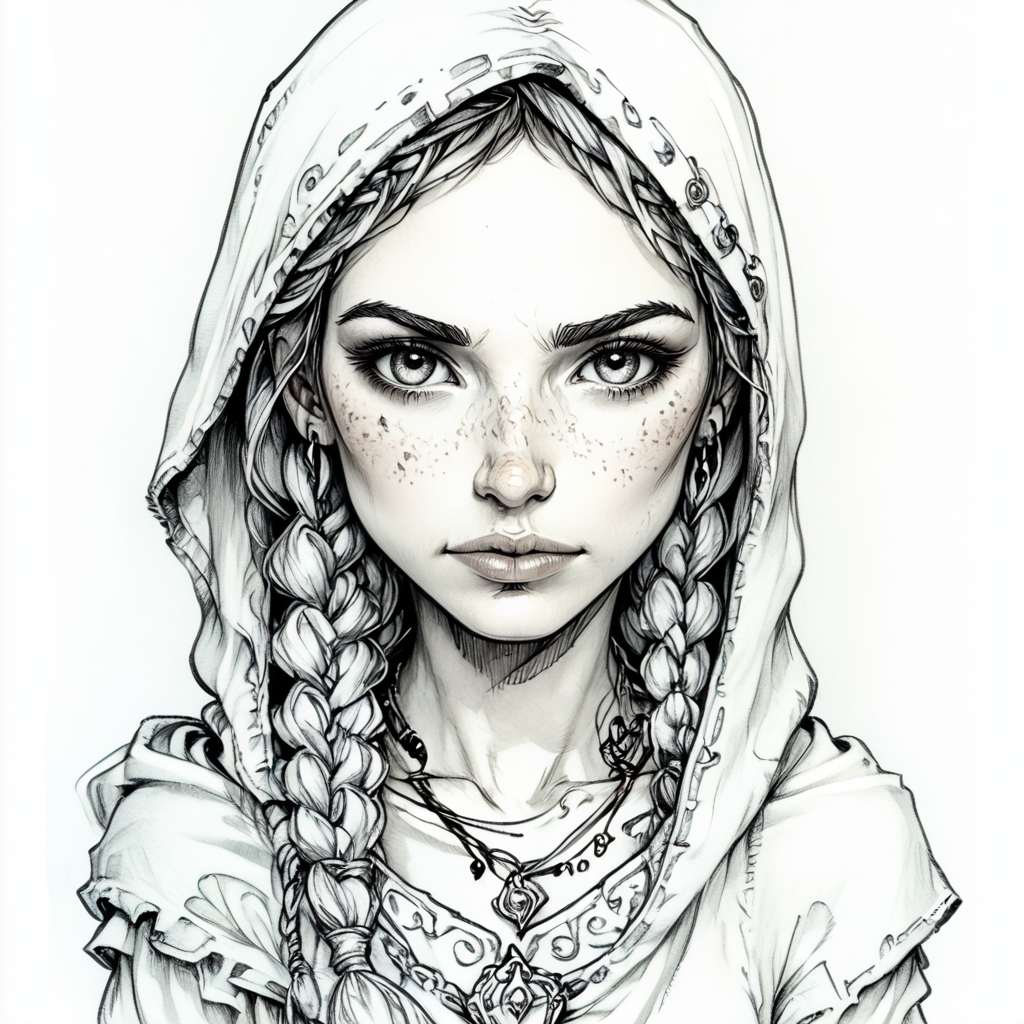 ArsMJStyle, Whimsical Mechanica, Line Drawing, The image is a black and white sketch of a young woman's face. She has long braided hair that is styled in two braids and is tied up in a braid-like manner. Her hair is covered with a hood that covers her head and shoulders. She is wearing a necklace with a pendant and earrings. The woman has a serious expression on her face and is looking directly at the viewer. The sketch is done in a sketchy hand-drawn style with loose lines and shading. The overall mood of the image is mysterious and contemplative., 1girl, solo, freckles, hood, monochrome, braid, twin braids, greyscale, looking at viewer, traditional media  <lora:Whimsical_Mechanica_Line_DrawingPony:1>