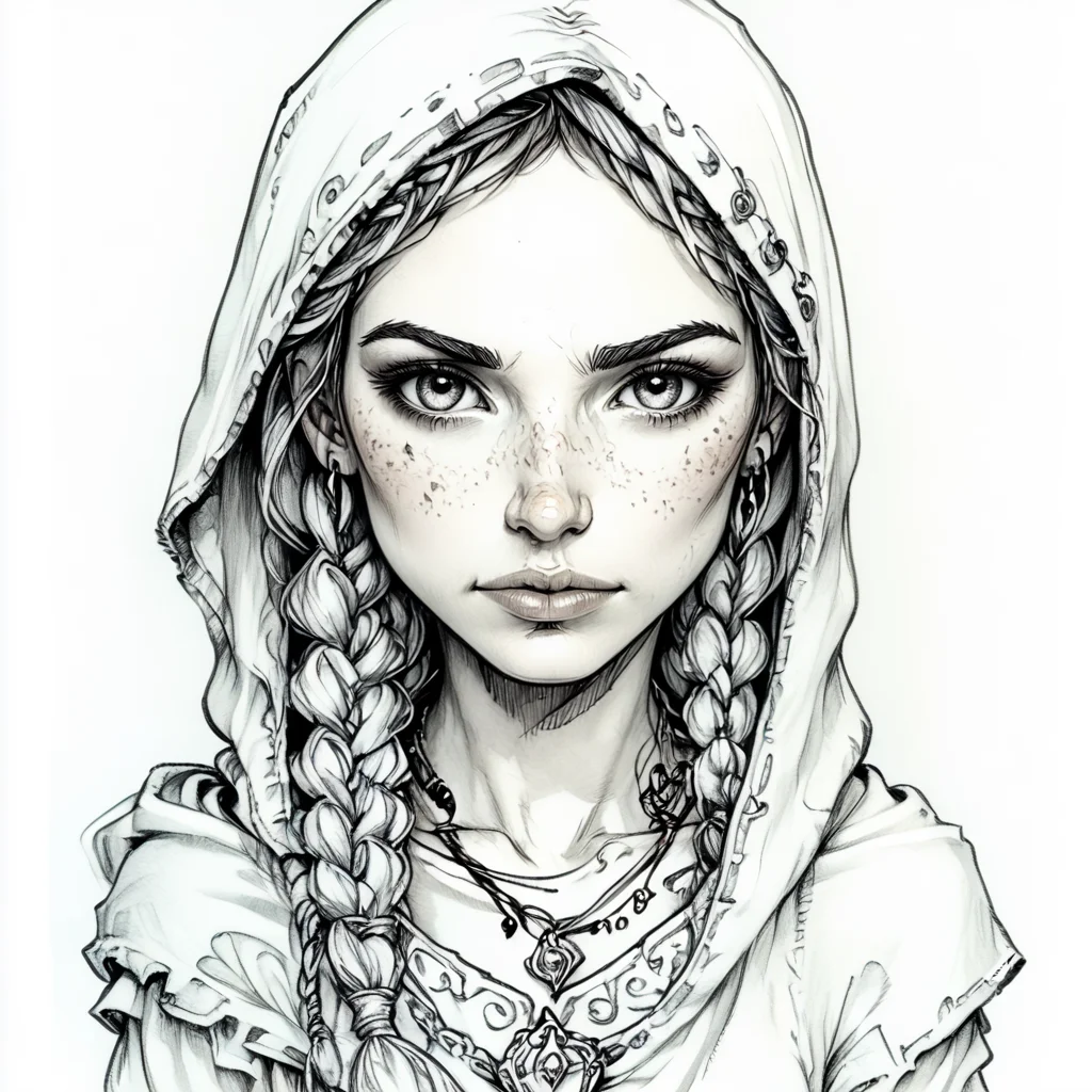 ArsMJStyle, Whimsical Mechanica, Line Drawing, The image is a black and white sketch of a young woman's face. She has long braided hair that is styled in two braids and is tied up in a braid-like manner. Her hair is covered with a hood that covers her head and shoulders. She is wearing a necklace with a pendant and earrings. The woman has a serious expression on her face and is looking directly at the viewer. The sketch is done in a sketchy hand-drawn style with loose lines and shading. The overall mood of the image is mysterious and contemplative., 1girl, solo, freckles, hood, monochrome, braid, twin braids, greyscale, looking at viewer, traditional media  <lora:Whimsical_Mechanica_Line_DrawingPony:1>