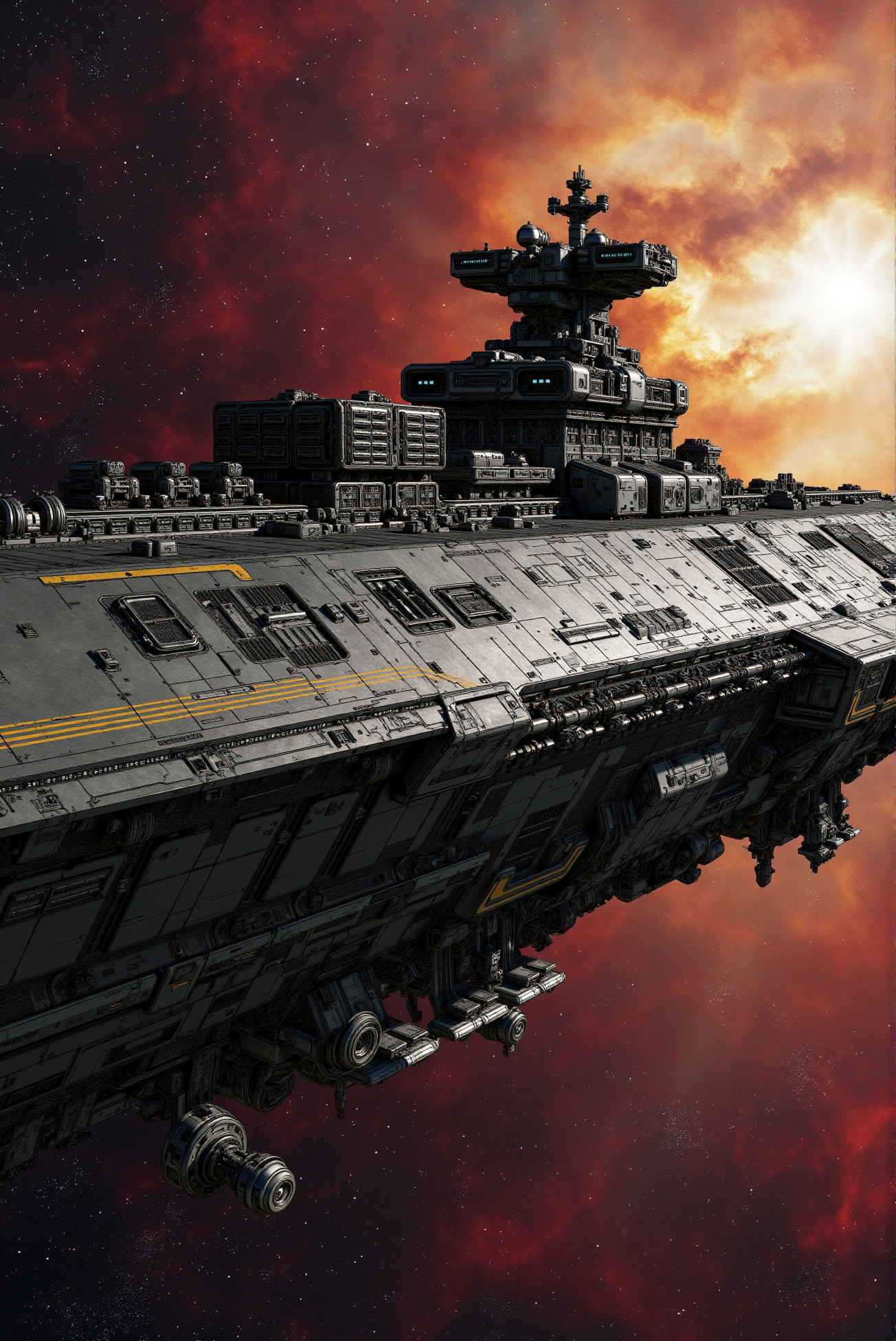 <lora:SpaceCraft_v.3:0.8>
A high-capacity interstellar carrier vessel extends laterally across the starscape, its elongated fuselage dominated by data conduits, missile silos, modular hull clusters, and flowing golden energy circuits etched into gunmetal plating. The profile is pure functionâlow-profile weapons arrays, emergency eject bays, and drop-pod deployment rails run the length of the frame. The backdrop erupts with painterly swirls of blood-red and ash-white nebula gas, creating visual turbulence behind the mechanical stillness. Viewed in strict side-profile, the ship reads like a schematicâcrisp, clean, detailed. The style evokes hard science-fiction illustration with sharp ink-line clarity, no-glare surfaces, and dynamic tension across compositional layers.