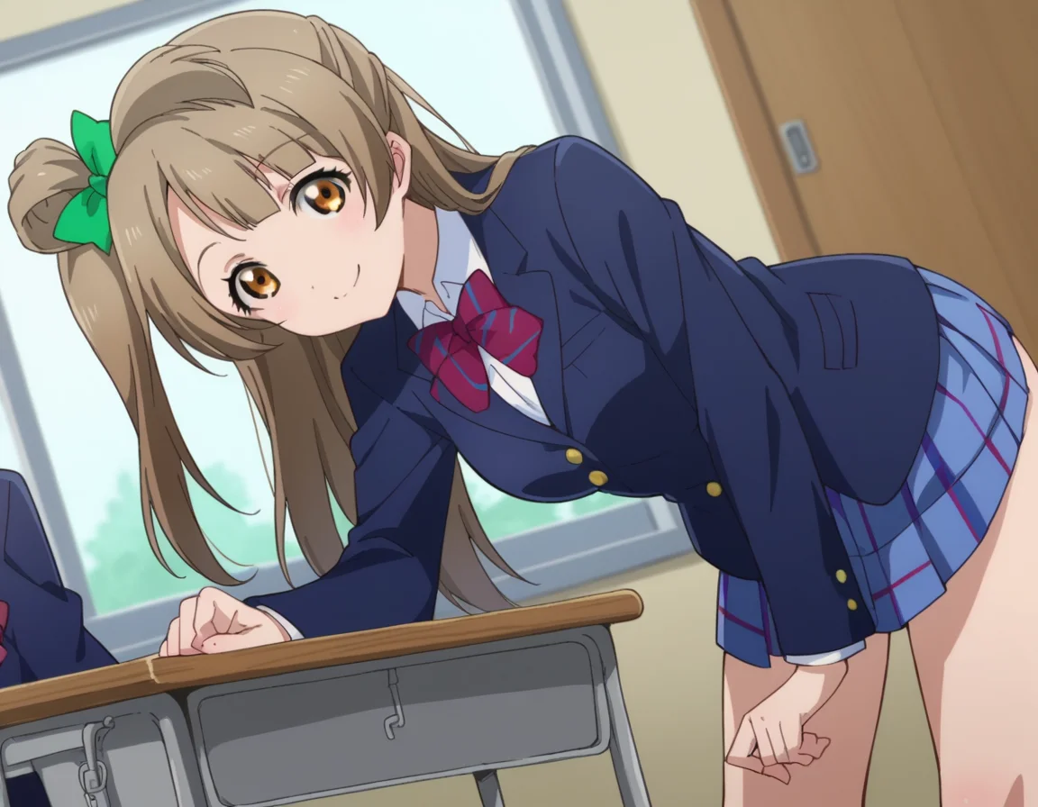 score_9, score_8_up, score_7_up, source_anime,
kotoriminami, <lora:kotori-minami-s1-ponyxl-lora-nochekaiser:1>,
kotori minami, brown hair, brown eyes, one side up, hair ribbon, ribbon, long hair,
blazer, blue skirt, jacket, otonokizaka school uniform, pleated skirt, school uniform, winter uniform,
indoors, classroom, bent over, smile,
looking at viewer, dutch angle, cowboy shot,