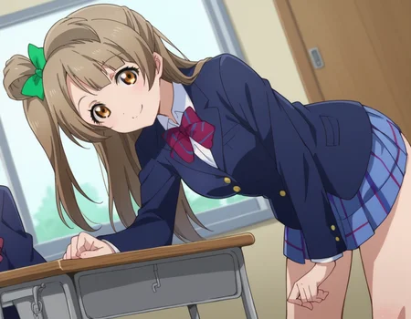 score_9, score_8_up, score_7_up, source_anime,
kotoriminami, <lora:kotori-minami-s1-ponyxl-lora-nochekaiser:1>,
kotori minami, brown hair, brown eyes, one side up, hair ribbon, ribbon, long hair,
blazer, blue skirt, jacket, otonokizaka school uniform, pleated skirt, school uniform, winter uniform,
indoors, classroom, bent over, smile,
looking at viewer, dutch angle, cowboy shot,