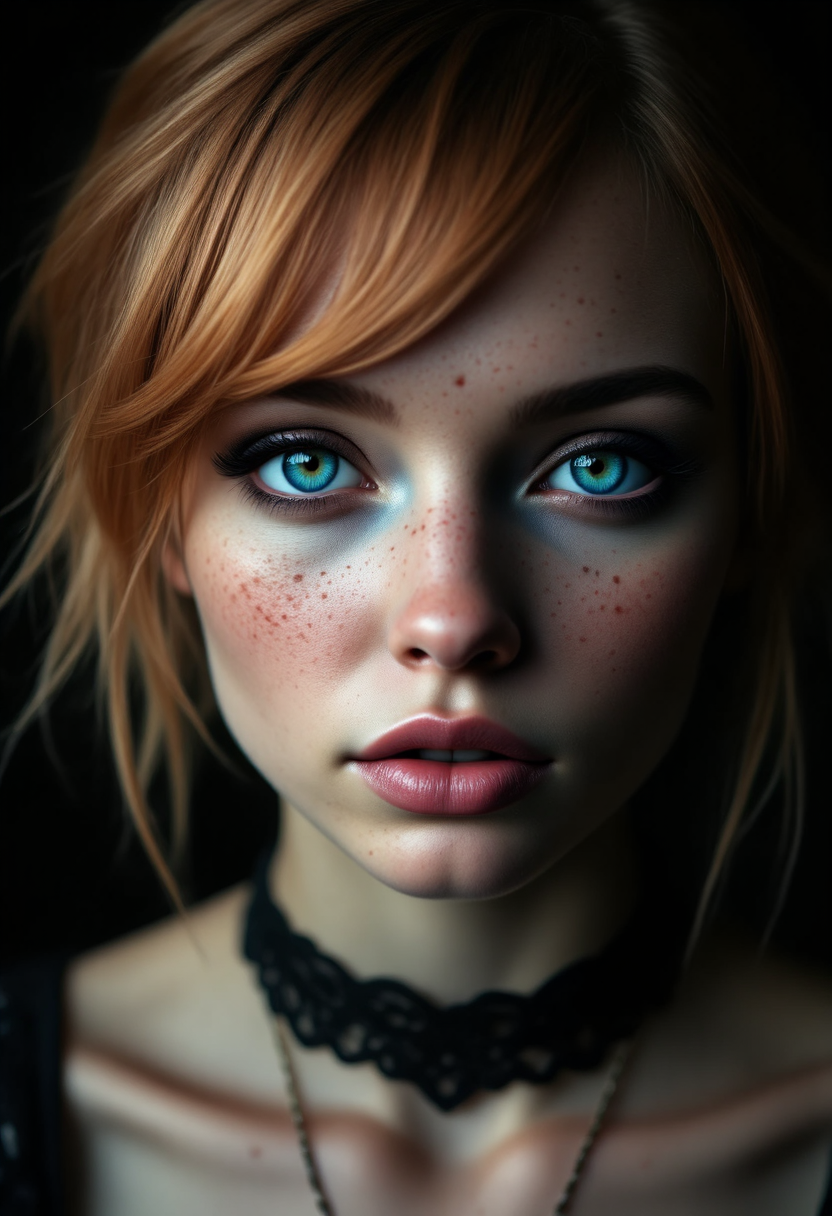 Photorealistic portrait of a young woman with a delicate, angular face featuring soft freckles across her nose and cheeks. She has a short, choppy light chestnut brown bob haircut with uneven bangs that frame her expressive, slightly downturned blue eyes. Her pale skin is accentuated by the contrast of light hitting one side of her face, leaving the other in shadow. She wears a lace choker, corset,seductive, blending gothic elegance with a soft, vulnerable expression. The background is silhouetted, creating a dramatic and mysterious atmosphere aidmafluxpro1.1 <lora:aidmaFluxPro1.1Stylev0.2:0.65> <lora:Dever_Flux_Enhancer:0.85> <lora:Vikings_Style:0.5> steampunk style
