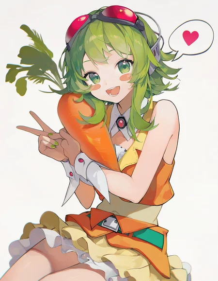 very awa, 1girl, gumi, vocaloid, holding carrot, holding, :d, white background, blush stickers, white background, cowboy shot, sitting, spoken heart, cowboy shot, v, [masterpiece:0.15], [best quality:0.15], [newest:0.15], [absurdres:0.15] <lora:artist_niukou_kouzi_vpred:1>