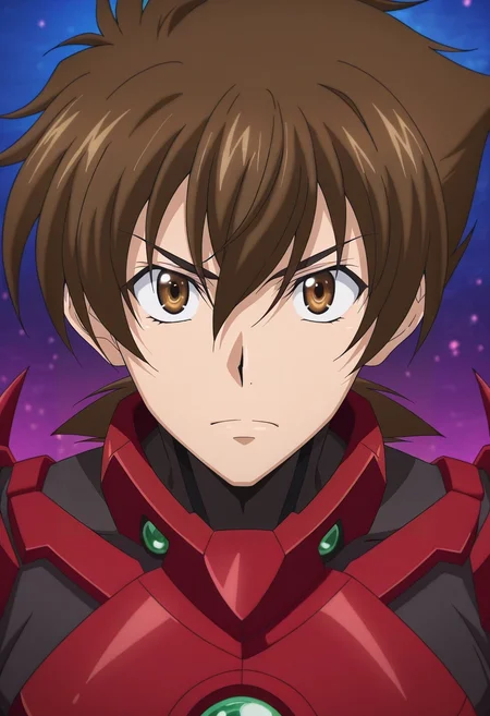 masterpiece, best quality, intricate details, anime screencap, anime coloring, , looking at viewer, 1boy, solo, male focus, <lora:issei_hyoudou_ilxl:1>, issei_hyoudou, brown hair, brown eyes, hair between eyes, short hair, boosted gear, claws, ,