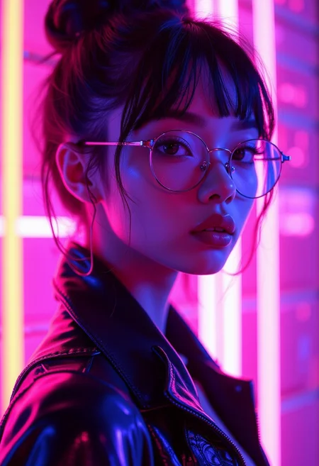 This is a digital illustration rendered in a highly stylized, hyper-realistic CGI (computer-generated imagery) style, characterized by vibrant neon colors and smooth textures. The subject is a young woman of East Asian descent with a fair complexion and an athletic build. She has her dark hair styled in a sleek, high bun. She wears round, thin-rimmed glasses that reflect the neon lights around her, adding to the futuristic ambiance.
