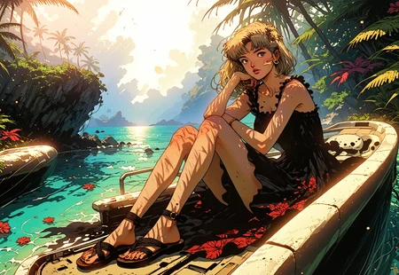 score_9, score_8_up, score_7_up, score_6_up, source_anime, 2d,young woman, cutie girl, tropical beach, relaxed, blonde hair, sundress, sandals, beachside café, sunset, soft glow. exquisite composition and lighting, flawless composition and lighting, timeless nostalgia, refined aesthetic, tranquil vibe, effortless posture, reclining, mind-bending surrealism, smooth tonal gradients, perfectly balanced composition, ethereal dreamscape, seamless textures, cinematic perspective, dramatic illumination, 75mm cinematic lens, rich Technicolor hues, Panavision scope, widescreen clarity, ultra-sharp focus, minute details, 8k ultra-HD, high dynamic range, hyperrealism, ultra-realistic, iconic visual, cinematic frame, premium color grading, deep focus, lens bloom, intensified post-effects, neo-retro anime style:1.5. retro anime art style:1.5, masterpiece, extreme ambience, rich shadows, wide shot, panoramic. (high quality, full hd, 4k, absurdres)