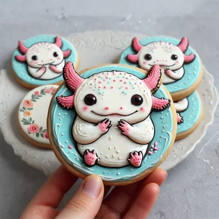 <lora:lora:1>cookie art design, <lora:Axomodelv2.1:1> simple round cartoon cookie art, delicious cute axolotl cookies with icing, flat cookies, cookies with cute design <lora:add-detail-xl:1>,