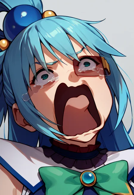score_9, score_8_up, score_7_up, source_anime, 1girl, scouter, tinted eyewear, <lora:Scouter_XLPD:1>, upper body, <lora:concept_aquascreaming_ponyXL:1> aquascreaming, screaming, open mouth, crying with eyes open, aqua \(konosuba\), blue hair,