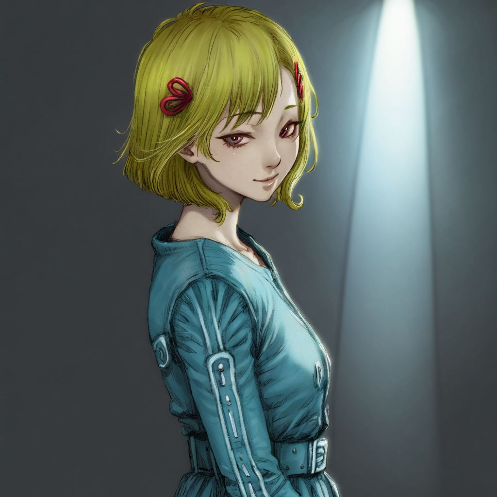 best quality, masterpiece, cinematic light, netsu, blonde hair, short hair, hair ornament, night, low light, side view, looking at viewer, light smile