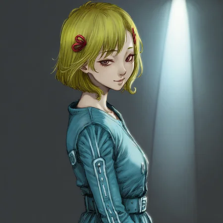 best quality, masterpiece, cinematic light, netsu, blonde hair, short hair, hair ornament, night, low light, side view, looking at viewer, light smile