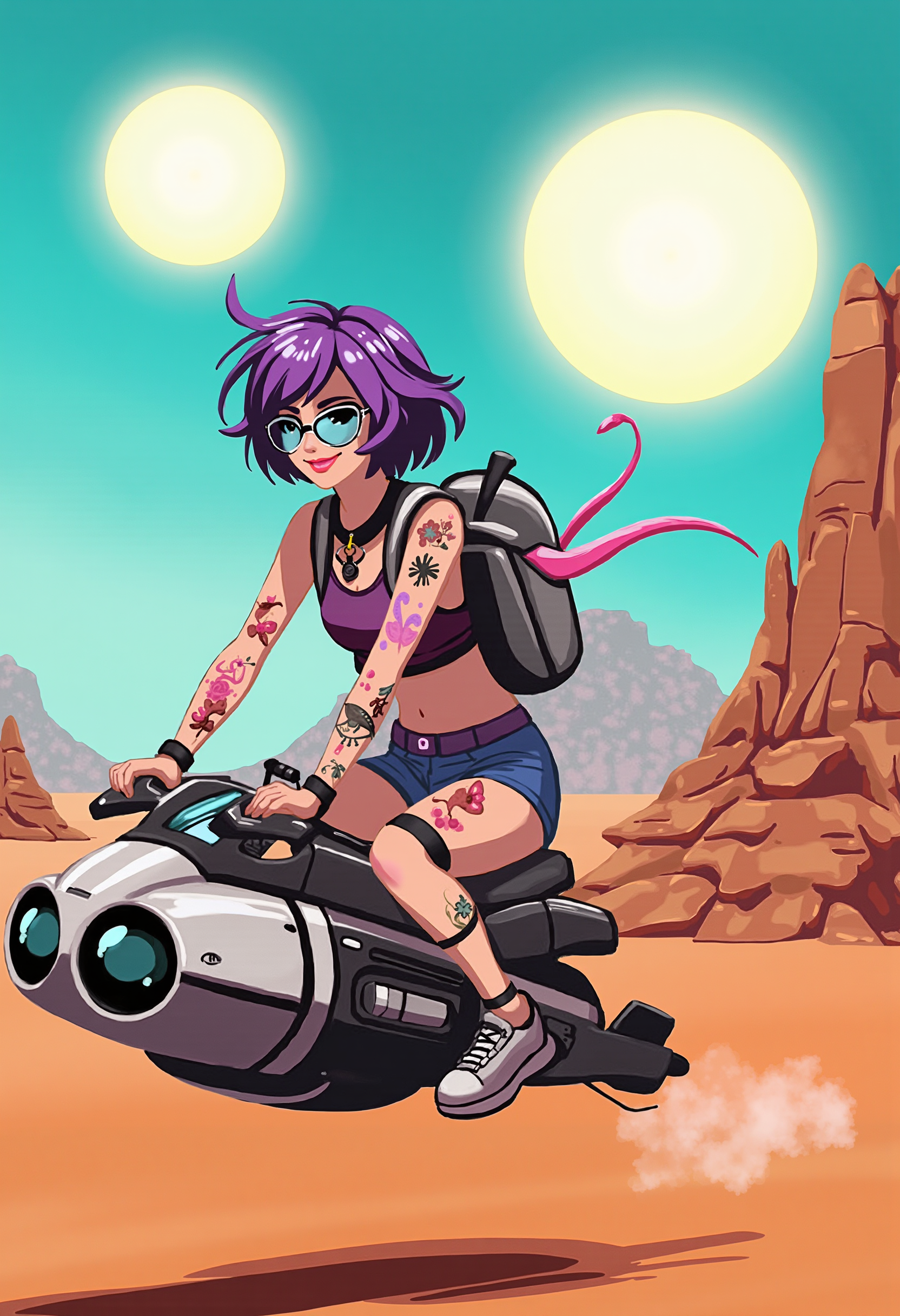 A digital artwork in the style of P0RTR4IT. A futuristic girl with holographic tattoos and short purple hair, riding a hoverbike through a desert landscape with floating rock formations. The sky glows with twin suns, and her visor reflects the alien horizon. 