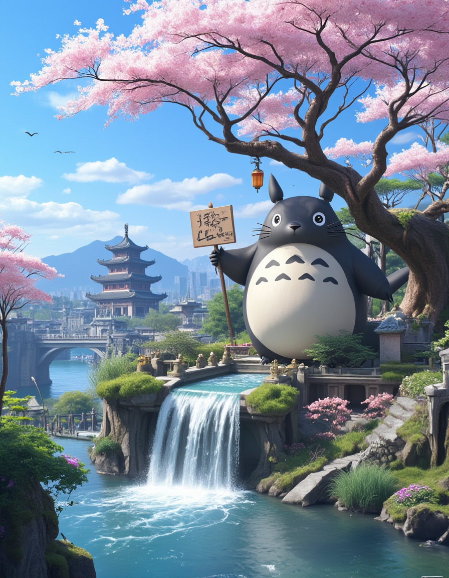 <lora:City_Worlds_02__Lost_-_Temple:1> cw02lost, a forgotten, asian old temple city on a mountain, waterfall, lanterns, pond, cherry blossom, sunny day, blue sky, clouds, sun shades, traditional houses ââspread over several mountains, poetic, twisted tree, islands, sea, reflections, depth of view, warm colors, anime style, ghibli style, huge totoro holding a sign that says "I'm not a cat"