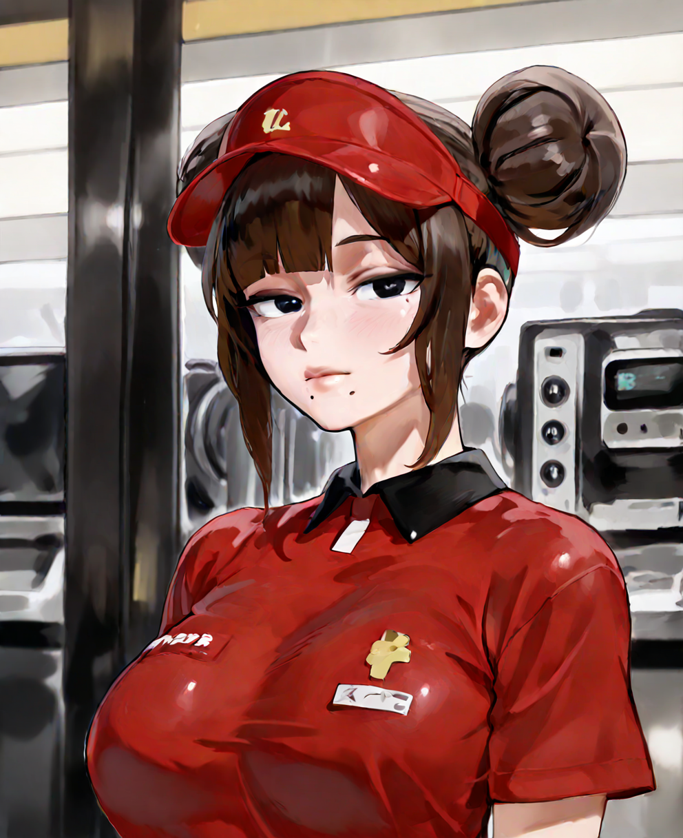 <lora:mousekkkILLUS:1> mousekkk,,
(masterpiece), (best quality), (ultra-detailed), amazing quality, very aesthetic, illustration, perfect composition, intricate details, absurdres, incredibly absurdres, shiny skin, realistic,
 <lora:boss:1>, boss_(gats), hair bun, double bun, mole under mouth, visor cap,brown hair, employee uniform,  black eyes, red_shirt, looking at viewer,
