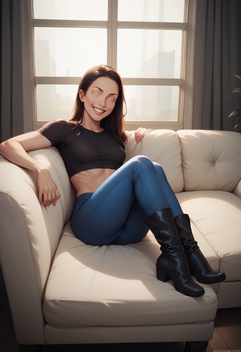 safe_pos, small breasts, tight top, tight blue jeans, petite woman, semi-realistic, score_9, score_8_up, score_8, cinematic lighting, sitting on a sofa, relaxing, table, window, black tights, black flat ankle boots, eyeless, eyeless woman, smiling