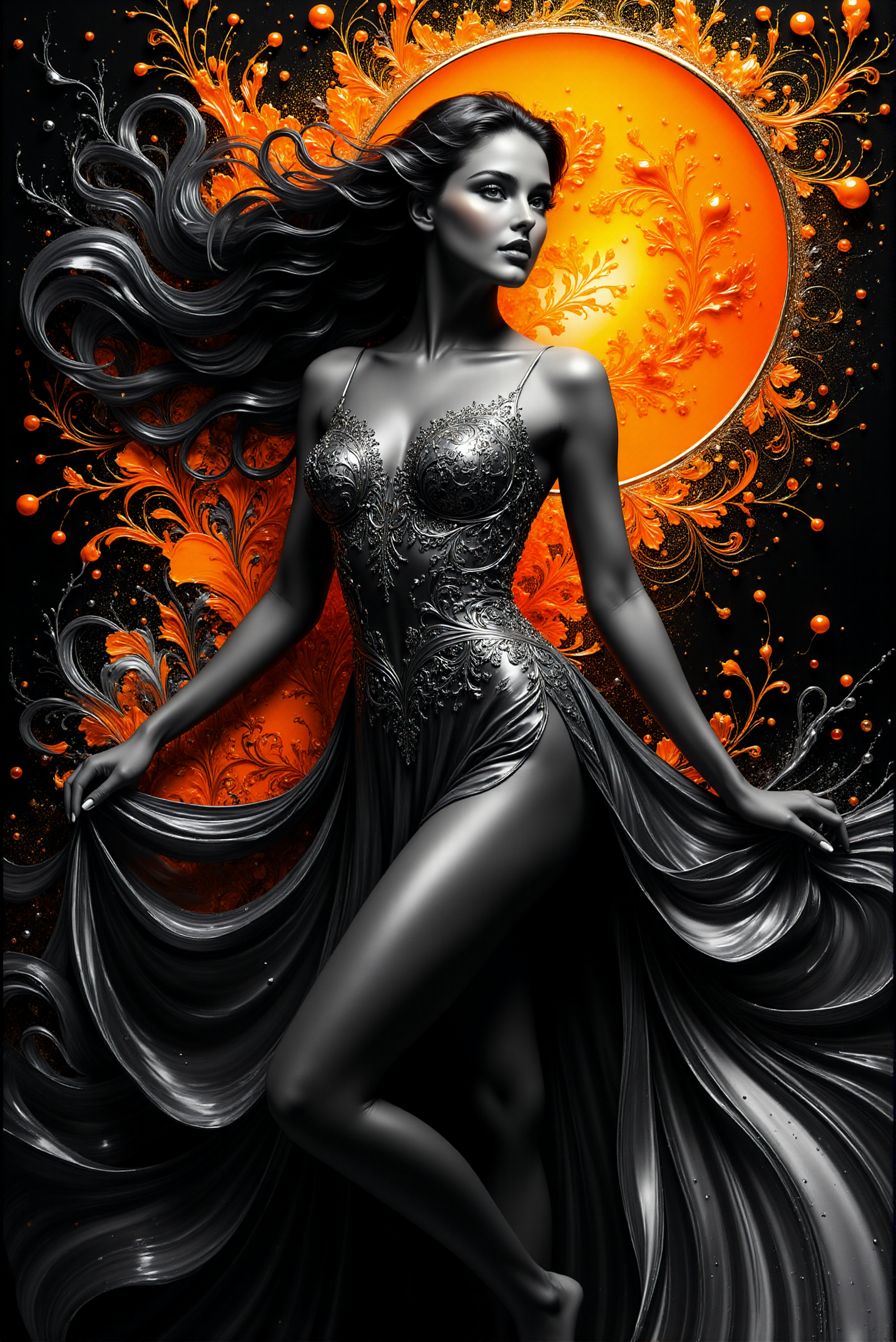 <lora:AISIL_style:1.0> AISIL style digital artwork with intricate and vibrant background.
A celestial woman is elegantly posing, wearing intricate dress made of glossy liquid fabric. Hyperdetailed. Black and gray and white with fiery orange accent color scheme.