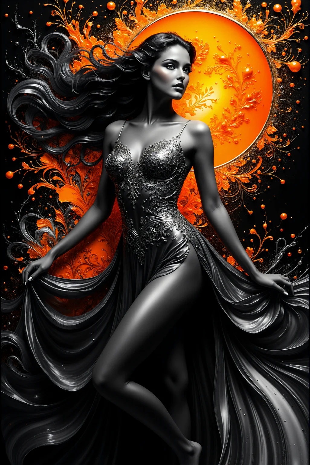<lora:AISIL_style:1.0> AISIL style digital artwork with intricate and vibrant background.
A celestial woman is elegantly posing, wearing intricate dress made of glossy liquid fabric. Hyperdetailed. Black and gray and white with fiery orange accent color scheme.
