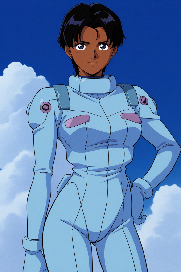 masterpiece, best quality, source_anime,official art,perfect_anatomy,1990s_\(style\),retro_artstyle,1girl,marbet_fingerhat,black hair,short hair,dark skin,pilot suit,(beautiful detailed face,looking_at_viewer,smile),hand_on_hip,cowboy_shot,day,blue_sky,cloud
