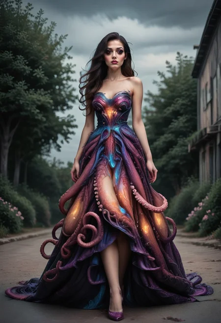 concept art, realistic, dark theme, low light, Fixhand. 1girl, ((solo:1.8)), 18 years old.
Gorgeous sexy female. Beautiful feminine face, 
Long hair, Sexy makeup, 
TentacleDress, Dress.
Outdoors.