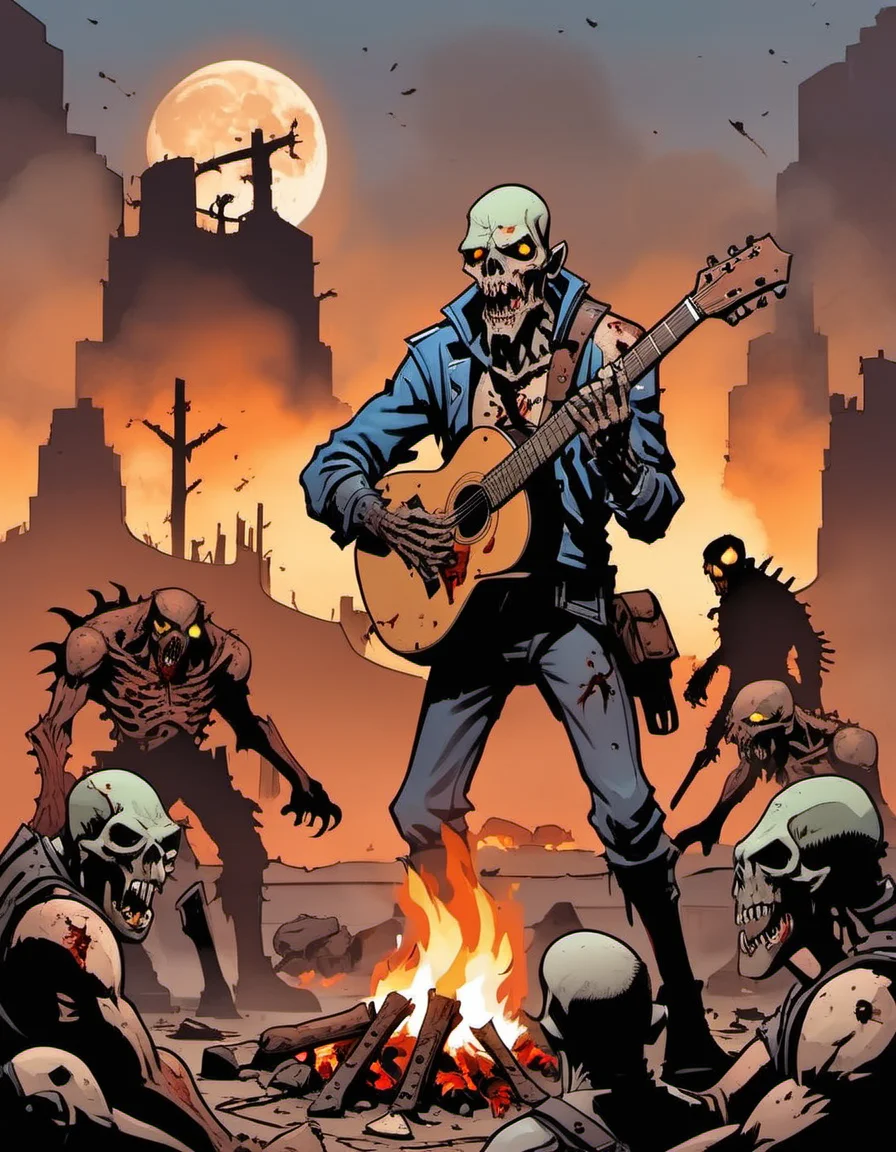 breathtaking graphic novel illustration of At a crossroads in a post-apocalyptic wasteland, a wanderer with a guitar made of scrap metal sings tales of the old world. Mutant creatures gather around the campfire, their eyes filled with longing. <lora:Graphic_Novel_Illustration-000007:1>