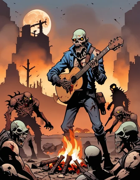 breathtaking graphic novel illustration of At a crossroads in a post-apocalyptic wasteland, a wanderer with a guitar made of scrap metal sings tales of the old world. Mutant creatures gather around the campfire, their eyes filled with longing. <lora:Graphic_Novel_Illustration-000007:1>