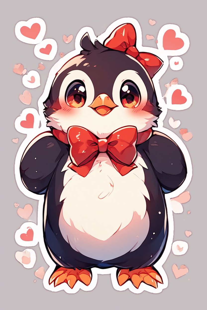 score_9, score_8_up, score_8,  BREAK,  solo, looking at viewer, blush, bow, standing, full body, heart, bowtie, red bow, no humans, bird, red bowtie, spoken heart, outline, animal focus, penguin,  abstract background, white outline,    <lora:KawaiiKritterPDXL:0.8>,  <lora:SDXLFaeTastic2400:0.5>,  <lora:Expressive_H-000001:0.4>,