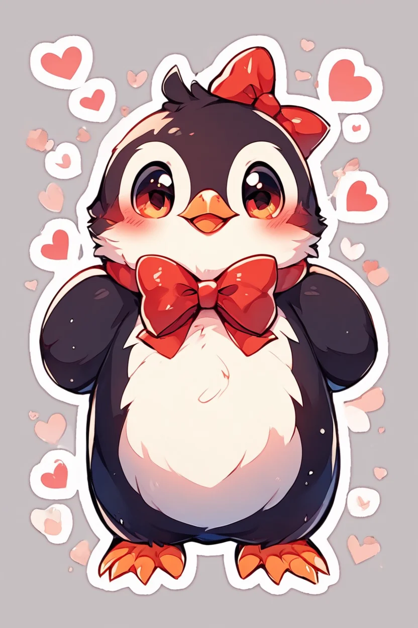 score_9, score_8_up, score_8, BREAK, solo, looking at viewer, blush, bow, standing, full body, heart, bowtie, red bow, no humans, bird, red bowtie, spoken heart, outline, animal focus, penguin, abstract background, white outline, <lora:KawaiiKritterPDXL:0.8>, <lora:SDXLFaeTastic2400:0.5>, <lora:Expressive_H-000001:0.4>,