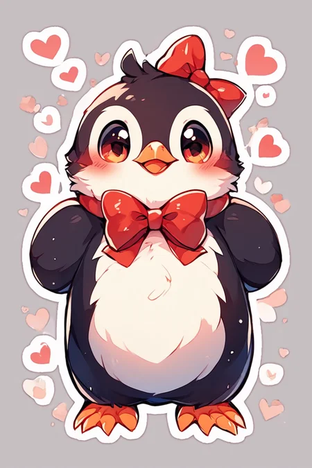 score_9, score_8_up, score_8, BREAK, solo, looking at viewer, blush, bow, standing, full body, heart, bowtie, red bow, no humans, bird, red bowtie, spoken heart, outline, animal focus, penguin, abstract background, white outline, <lora:KawaiiKritterPDXL:0.8>, <lora:SDXLFaeTastic2400:0.5>, <lora:Expressive_H-000001:0.4>,
