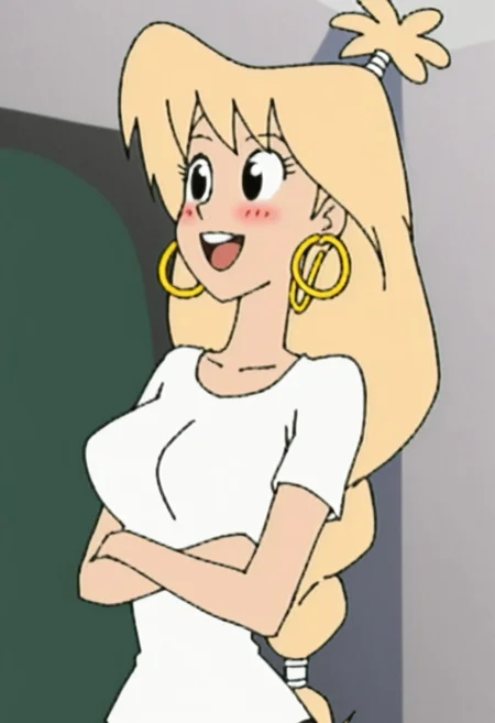 woman, tiffany, kangoo,blonde hair, black eyes, earrings, jewelry, 1girl, crossed arms, hoop earrings, open mouth, smile, shirt, upper teeth only, upper body, breasts, short sleeves, solo focus, blush, white shirt