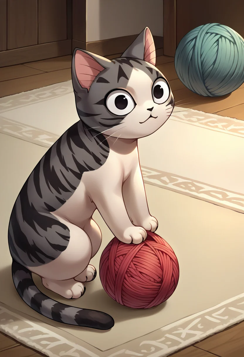 score_9, score_8_up, source_anime, ChiYamada, cat, black eyes, no humans, indoors, carpet, playing with yarn, ball of yarn, <lora:CHAR-ChiYamadaPonyXL:1>