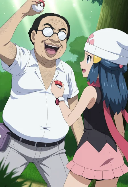 masterpiece, best quality,anime screencap, anime coloring,bokeh,shade,crack of light,dappled sunlight,
<lora:otakukun:0.7>otakukun,1boy,ugly man,hentai,otaku,fat man,dark-skinned male,arm hair,chest hair,hairy,(lips,black hair,opaque glasses,freckles:0.6),(white shirt,collared shirt,gray pants:0.7),backpack,waist pouch,
1girl,dawn \(pokemon\), long hair, blue hair, blue eyes,beanie, sleeveless shirt, pink scarf, pink skirt, hair ornament,
smile,serious,open mouth,(poke ball,holding poke ball,ballholding ball:1.2), fighting stance, back view,side view,looking at another, raised fist,
(tree, outdoor,tall grass,Surrounded by branches,leaf frame,overgrown leaf,surrounded by leaf,bush:0.8), shade,(blurry foreground:1.1),, (dutch angle:1.5),, (wide-angle lens shot,Very cramped, claustrophobic:1.3),