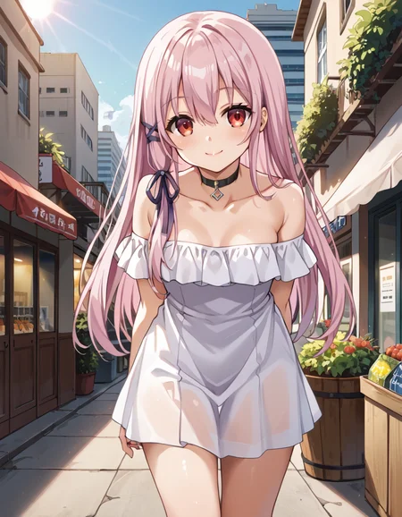 Volumetric Lighting, (masterpiece), (best quality), (ultra-detailed), masterpiece, source_anime, score_9, score_8_up, score_7_up BREAK, light depth, dramatic atmospheric lighting, Volumetric Lighting, Kisara,long hair, pink hair, red eyes, ksr hair ribbon BREAK, outdoor, city, off shoulder dress, bare shoulder, collarbone, strapless dress,(((day))),shop, smile, closed mouth, thighs, choker, leaning forward,hand behind back,sunny day,white dress,sun