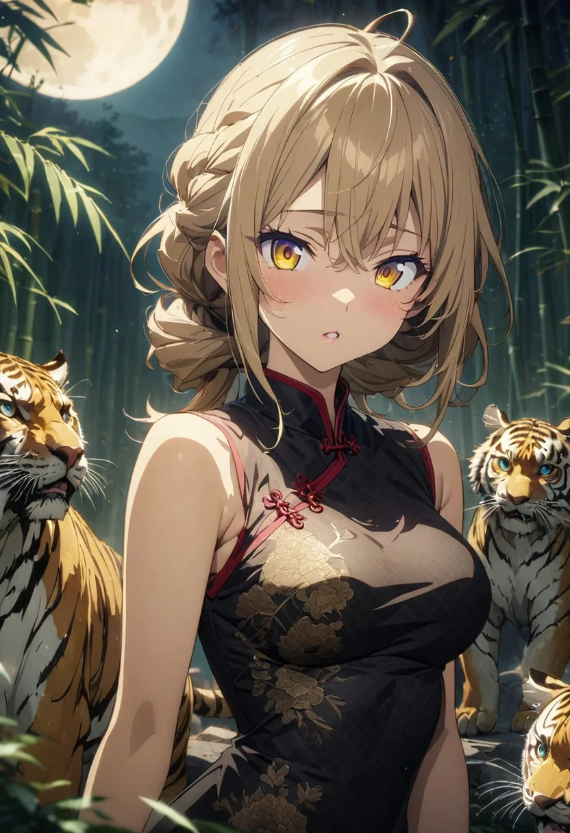 gorgeous lips, (masterpiece), (best quality), (ultra-detailed), very aesthetic, illustration, perfect composition, intricate details, absurdres, detailed face, (anime, masterpiece, intricate:1.3), (best quality, hires textures, high detail:1.2), (4k),(incredibly detailed:1.4) 
clawling_four,chinese_dress,bamboo_forests,tiger,moon,night,moonlight,<lora:more_details:0.5>,long_bronde_hair,beautiful_hair,yellow_eyes,beautiful_eyes,1_beautiful_girl,cute_face,beautiful_face,beautiful,best_quality,good_anatomy