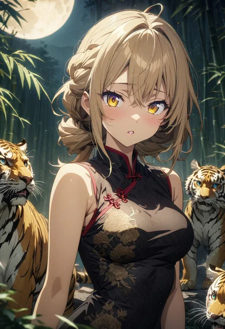 gorgeous lips, (masterpiece), (best quality), (ultra-detailed), very aesthetic, illustration, perfect composition, intricate details, absurdres, detailed face, (anime, masterpiece, intricate:1.3), (best quality, hires textures, high detail:1.2), (4k),(incredibly detailed:1.4) 
clawling_four,chinese_dress,bamboo_forests,tiger,moon,night,moonlight,<lora:more_details:0.5>,long_bronde_hair,beautiful_hair,yellow_eyes,beautiful_eyes,1_beautiful_girl,cute_face,beautiful_face,beautiful,best_quality,good_anatomy