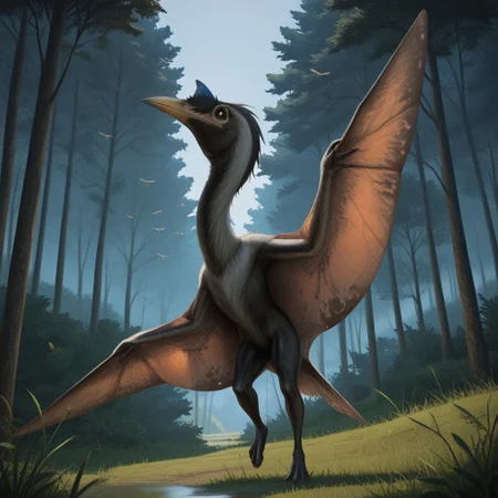 highres, absurdres, newest, masterpiece, best quality, furry, small tail, claws,
flying quetzalcoatlus, gray wool, head with crest, dark yellow beak, yellow eyes, 3 fingers, 4 toes, membranous wings, winged arms, professional lighting, solo, masterpiece, flies, sky, forest