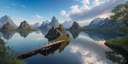 (ultra high res:1.4), (masterpiece), (beautiful lighting:1.4), clear water, beautiful sky with clouds, tree, masterpiece, pretty, surreal landscape image featuring floating islands, upside-down mountains, and unconventional flora. Include a dreamlike quality, pushing the boundaries of reality. Conjure a scene that has imaginative and otherworldly elements. big wooden bridge