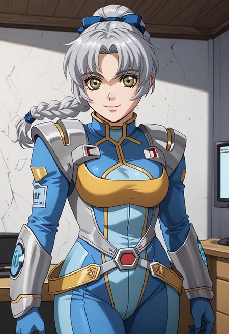 score_9, score_8_up, score_7_up, 1girl, solo, grey hair, grey eyes, braided ponytail, srwbluepilotsuit, blue bodysuit, pauldrons, wrist guards, metal belt, grey armor, helmet removed, no headwear, looking at viewer, slight smile, cowboy shot, indoors, metal wall, metal walls, monitor,