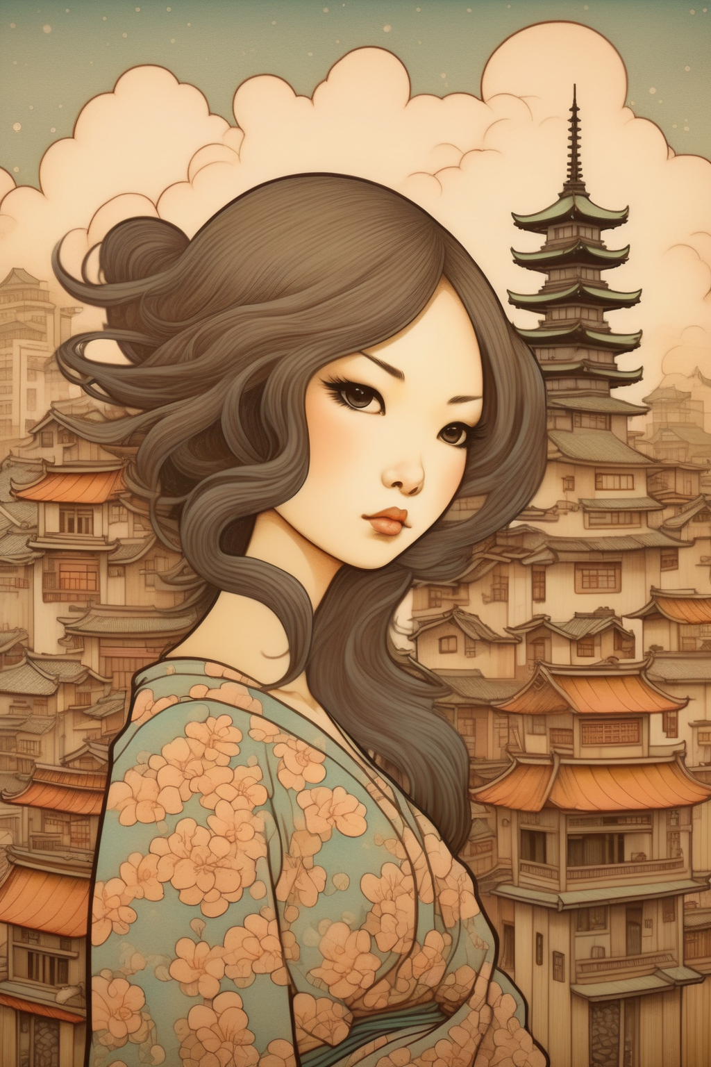 <lora:Audrey Kawasaki Style:1>Audrey Kawasaki Style - create image of old and majestic Japanese city in the style of Audrey kawasaki